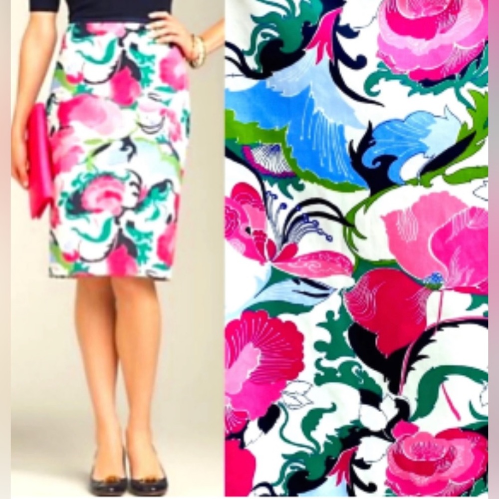 Talbots Large Pink and Navy Floral Print Cotton Pencil Skirt Size 14 Petite